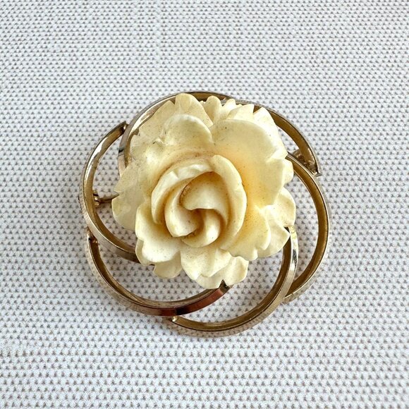 Mid Century Van Dell 1/20 12K Gold Filled Carved Celluloid Rose Brooch Vintage - Picture 5 of 11